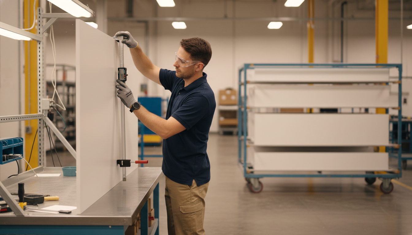 Klovo quality control — worker inspecting white cabinet panel in the factory