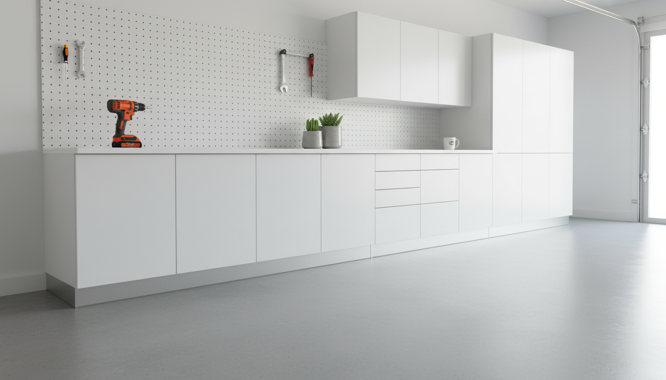 Base and wall cabinets with pegboard workspace