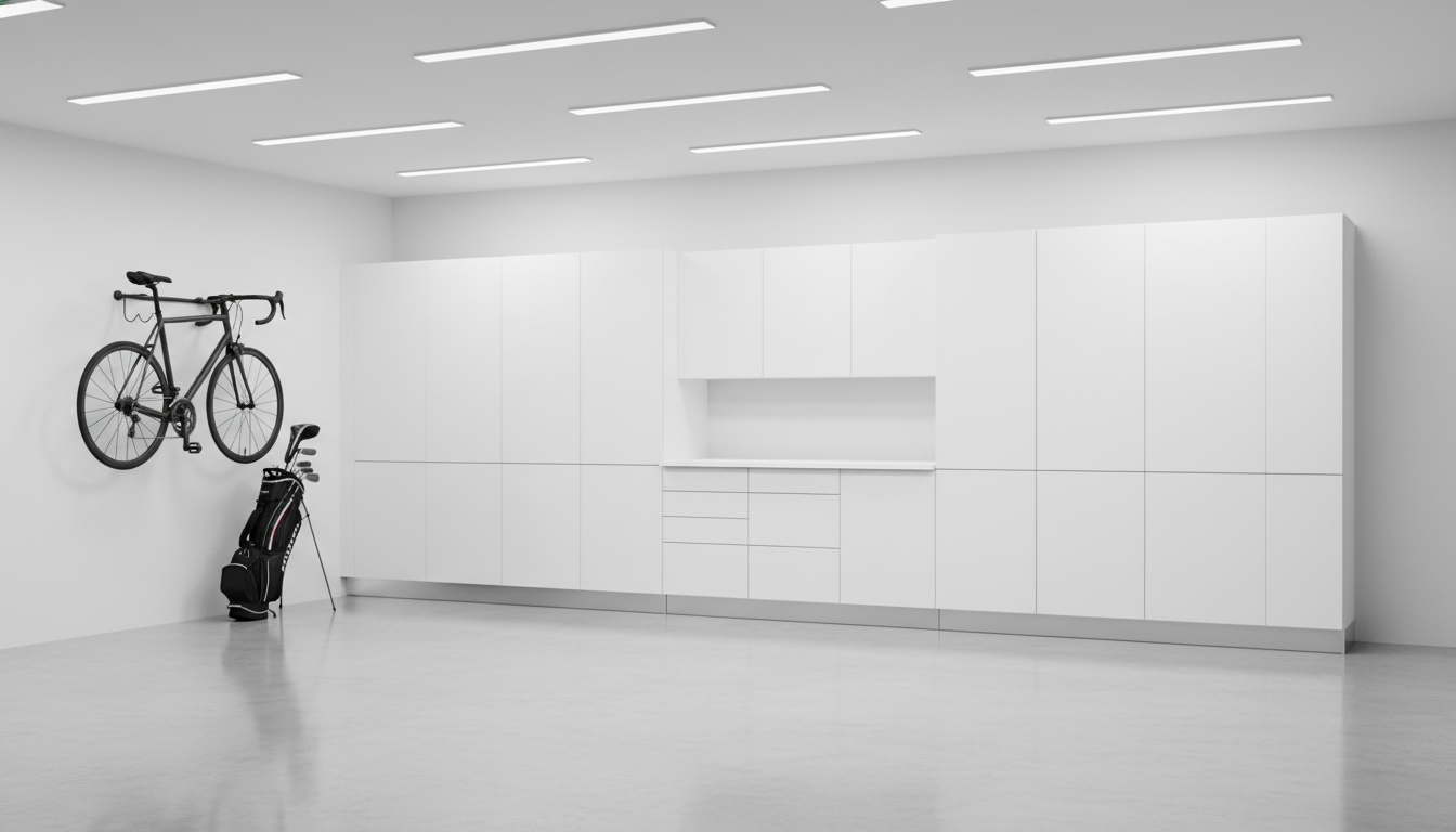 Complete Klovo white cabinet system in a modern garage