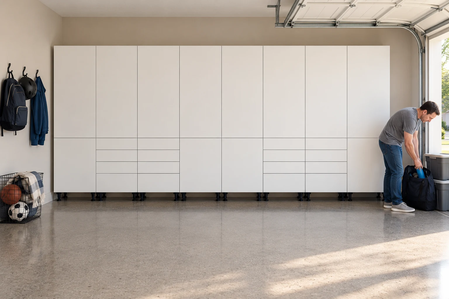 Klovo cabinet set with exposed adjustable legs in a finished garage