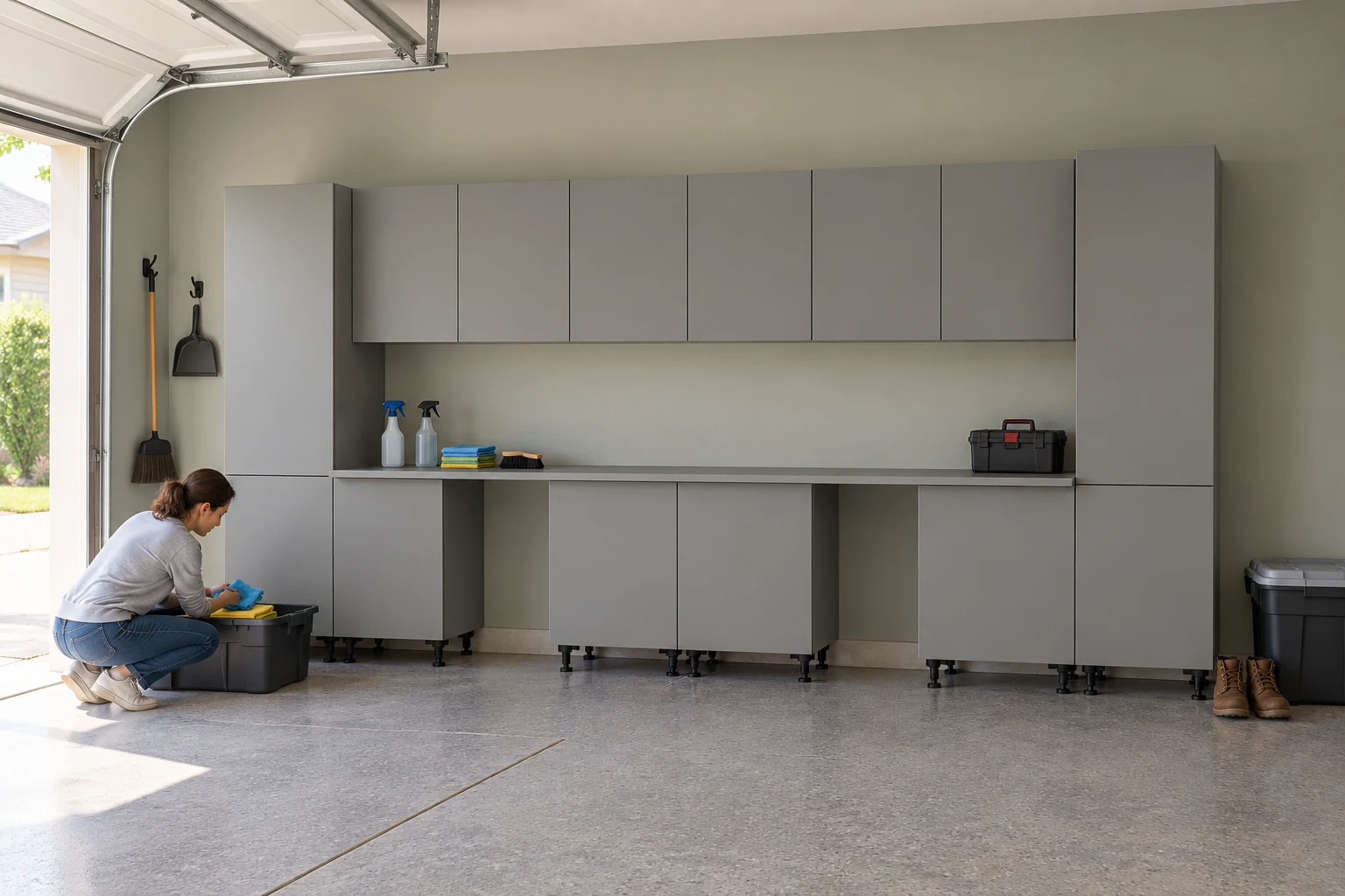 16 ft Double Workbench: Door Bases + Walls installed with exposed adjustable legs