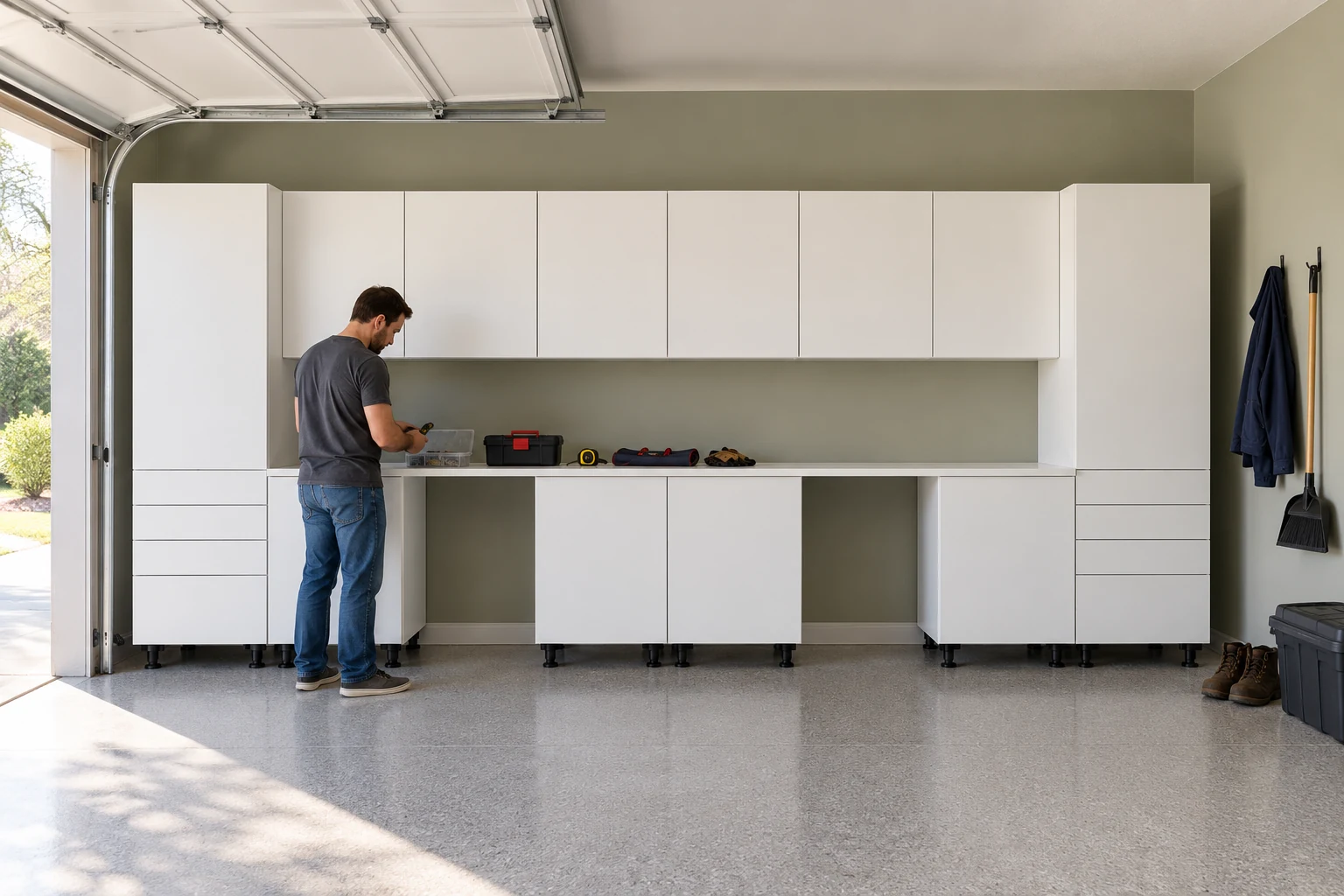 16 ft Double Workbench DB4: Door Bases + Walls, White finish