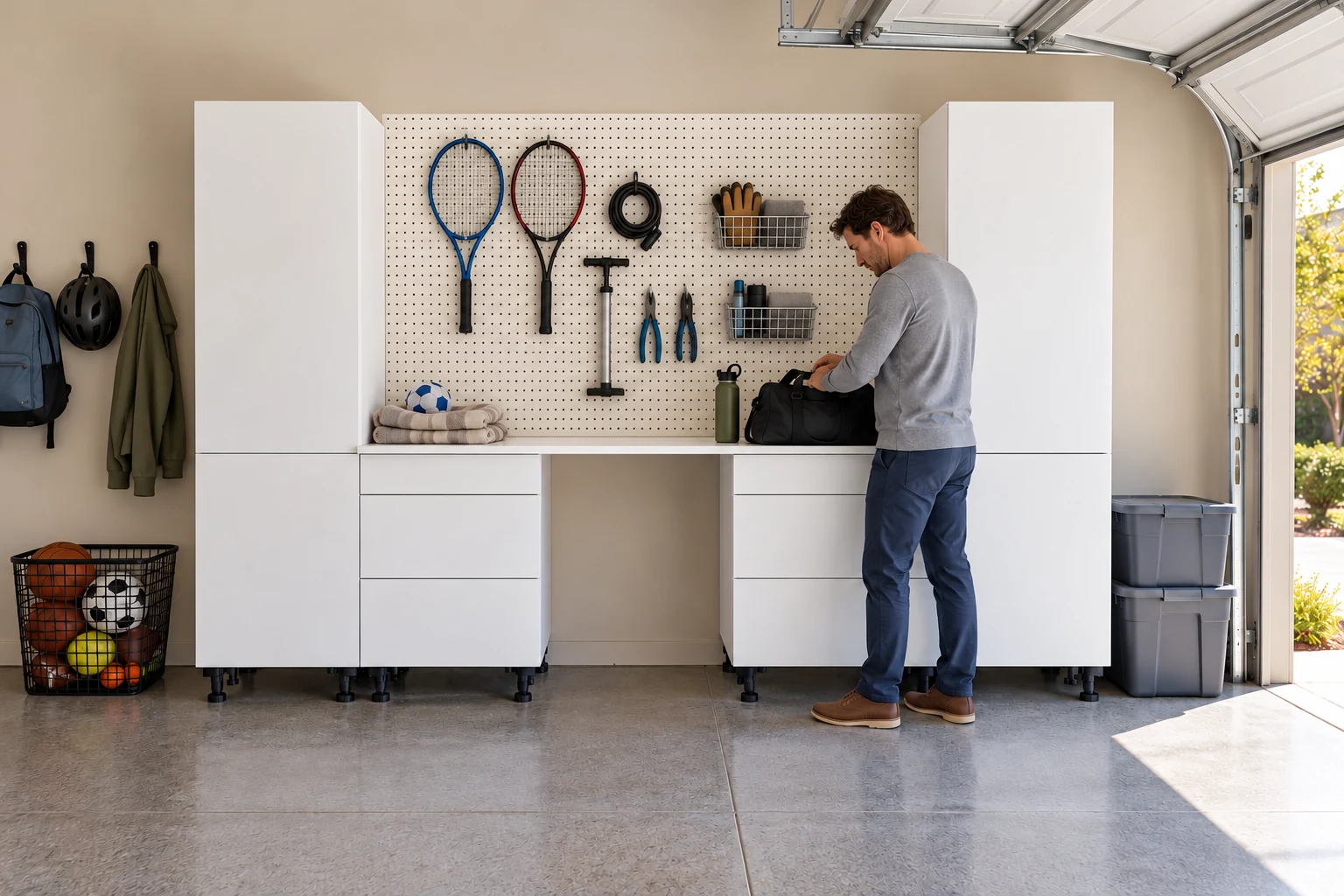 10 ft Garage Work Hub: 3 Drawer Bases installed with exposed adjustable legs