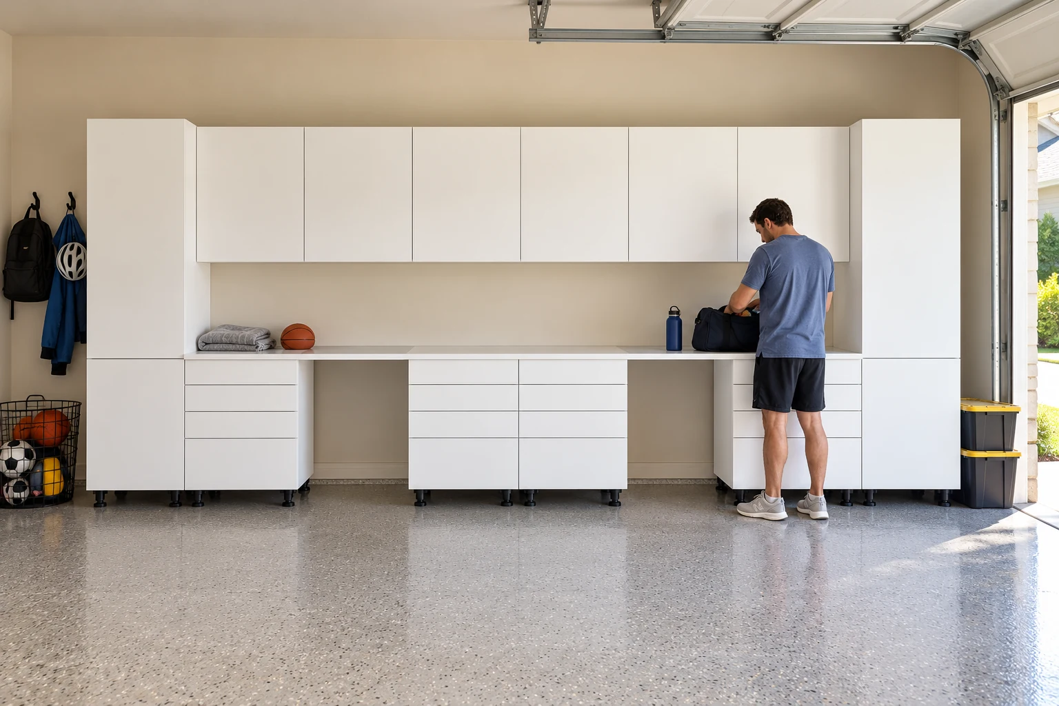 16 ft Double Workbench: 4 Drawer Bases + Walls, White finish