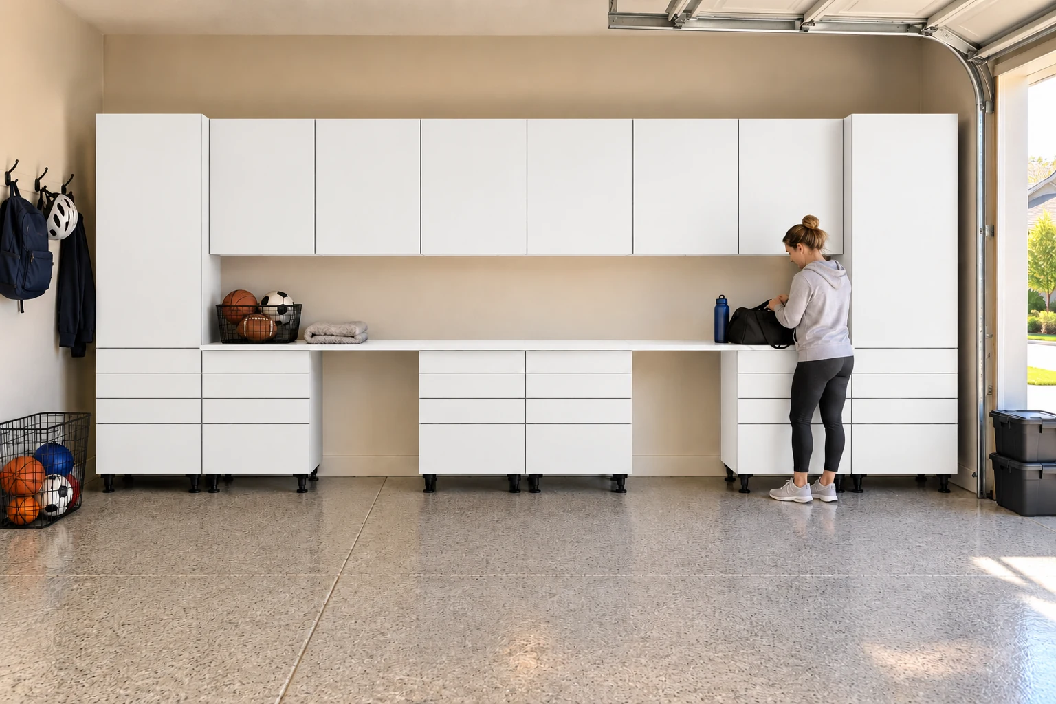 16 ft Double Workbench DB4: 4 Drawer Bases + Walls, White finish