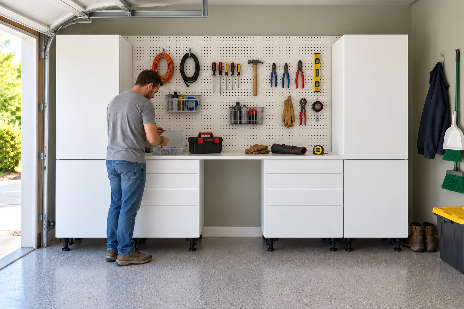 10 ft Garage Work Hub: 4 Drawer Bases, White finish