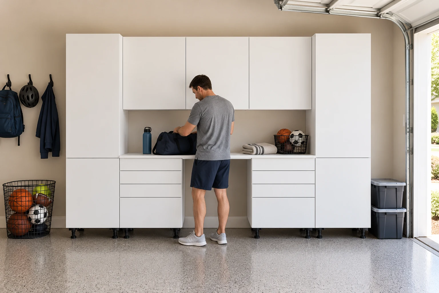 10 ft Garage Work Hub: 4 Drawer Bases + Walls, White finish