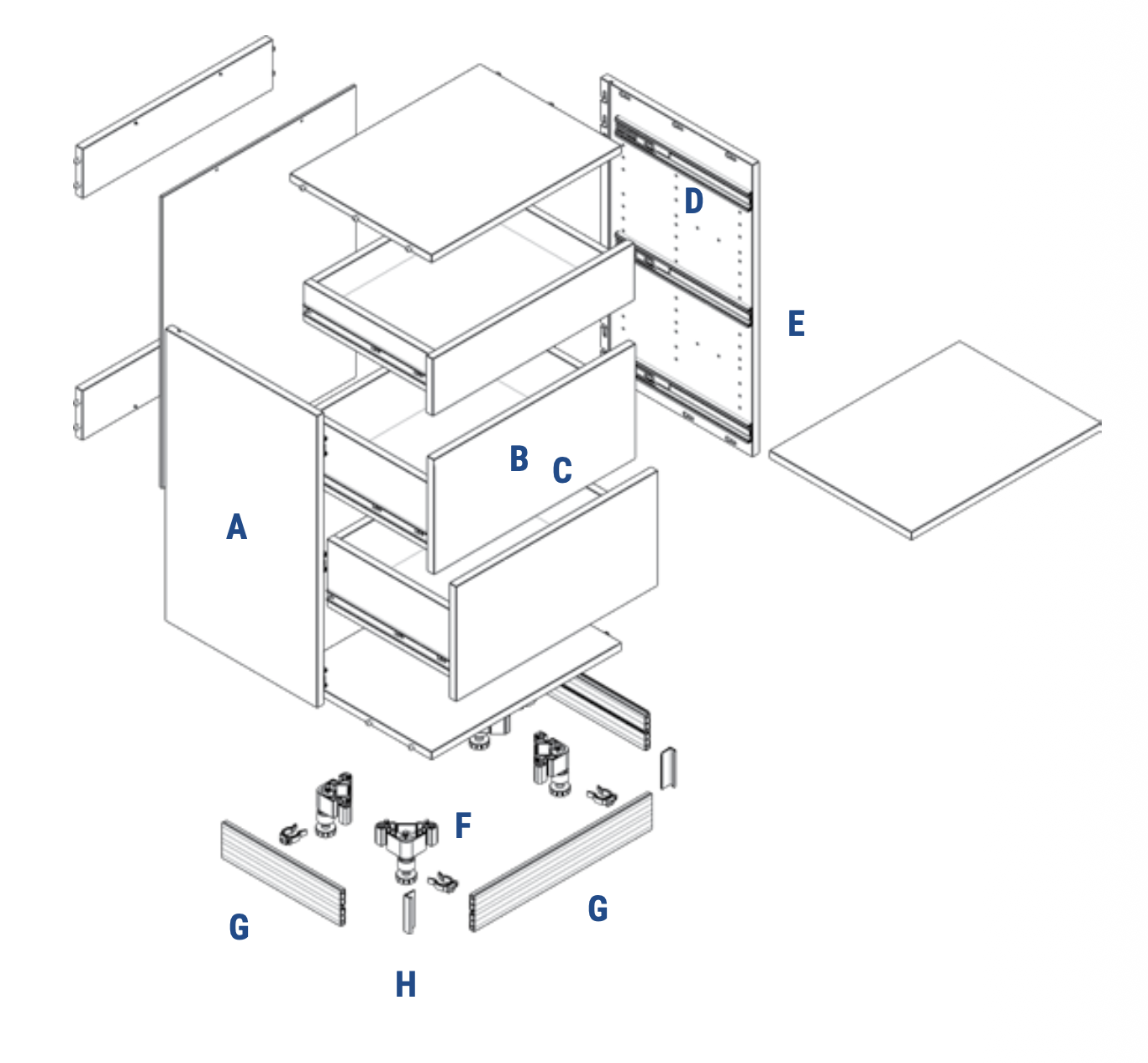 Exploded view of a Klovo drawer base cabinet with parts labeled A through H