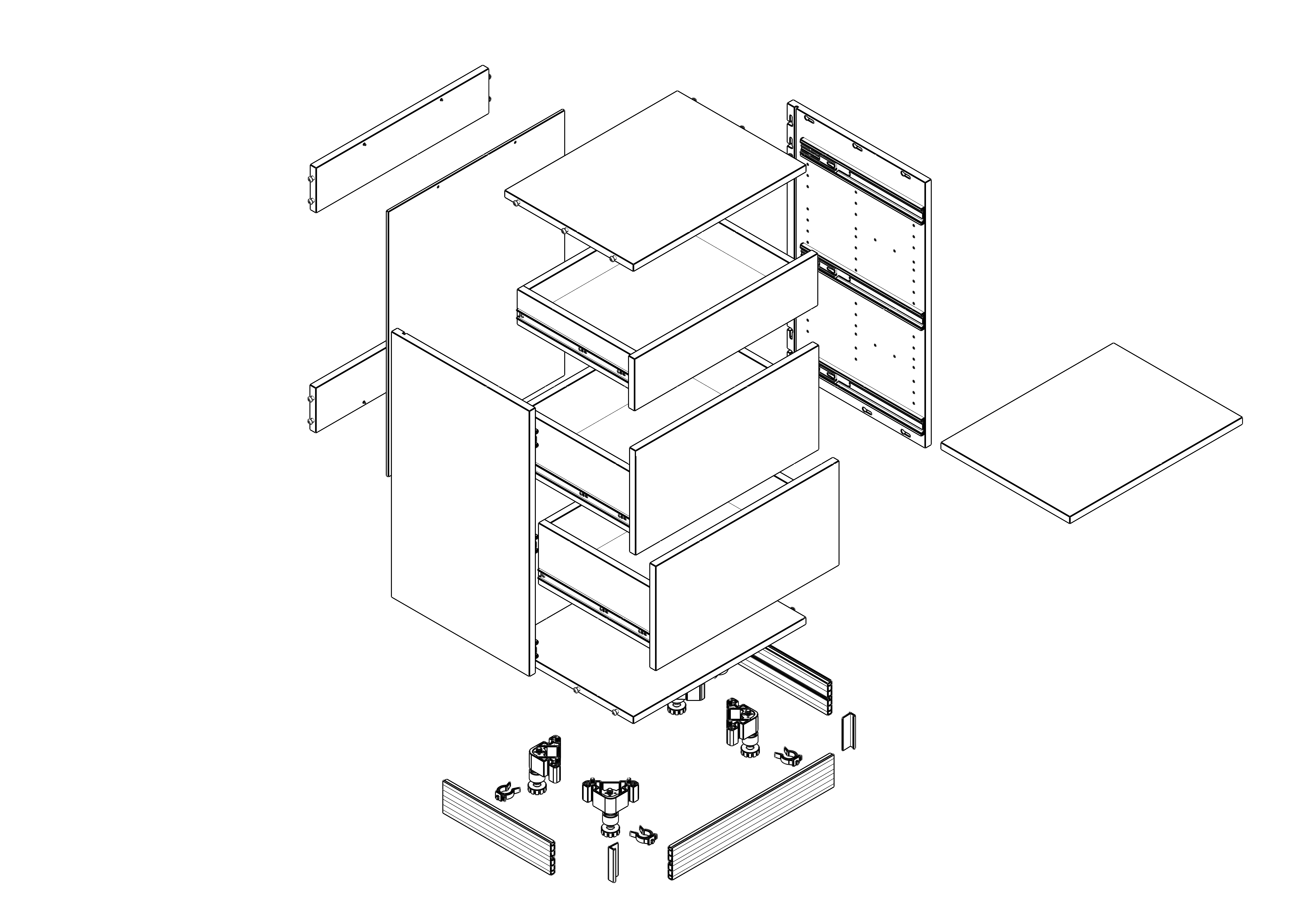 Exploded view of a Klovo 3-drawer base cabinet with additional shelf — showing panel, shelf, glides, hinges, leg levelers, and toe kick